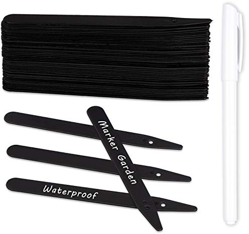 Whaline 100Pcs Thick Plastic Plant Label with Hole, Black Waterproof Garden Stake Tags with 1 Marker Pen and A Roll of Twine(6 Inch)