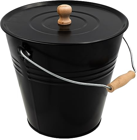 HRB Zinkeimer Ascheeimer mit Deckel schwarz 12 Liter, ideale Kamin Zubehör Erweiterung, Eimer zur Lagerung von heißer und kalter Asche