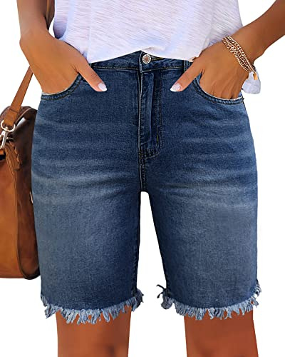 Utyful Women's Bermuda Jeans Shorts Summer Raw Hem Distressed Denim Shorts Raw Hem-Denim Blue Large