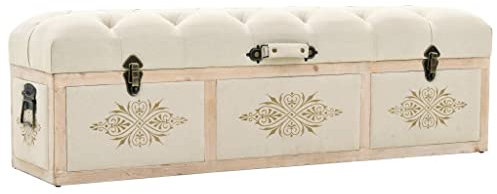 vidaXL Tannenholz Massiv Sitzbank mit Stauraum Sitztruhe Truhenbank Bank Polsterbank Flurbank Aufbewahrungsbox Aufbewahrungsbank 110cm Creme Stoff