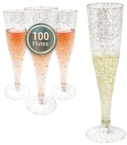 Reli. Champagne Flutes Plastic | 100 Pack | 4.5 oz - Gold Glitter | Premium Plastic Champagne Flutes | Party-Perfect for Celebrations