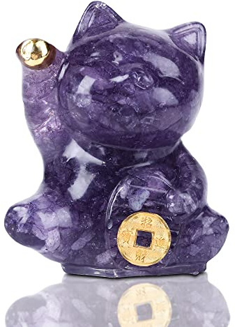 Reyife Yellow Crystal Lucky Cat Figurine Hand Carved Maneki Neko Money Cats Statue Feng Shui Decoration for Home Office Attract Good Luck Money Wealth with Gift Box (Amethyst)