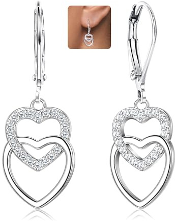LOLIAS 925 Sterling Silver Hjärta Hängsmycke Örhängen För Kvinnor Flickor Ring Silver Droppe Örhängen Kubisk Zirkon Flerfärgad Huggie Hoop Örhängen Hypoallergeniska Dubbla Hjärta, Kubisk zirkonia