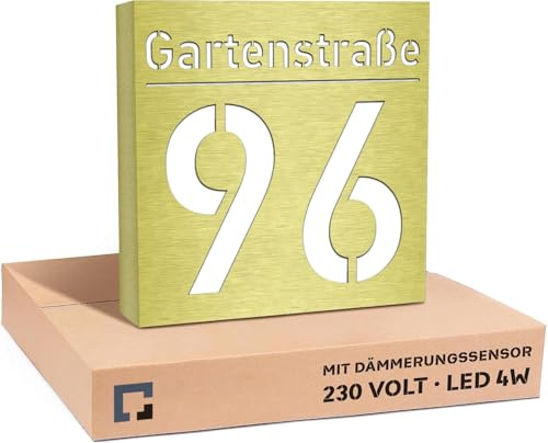 PRINTIMA Hausnummer Beleuchtet LED mit Dämmerungssensor 30x30 cm Golden mit Gravur, 6W A++, 230V, wasserdicht, modernes Design, robust & stilvoll