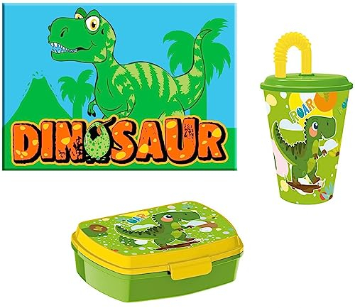 Set Pranzo DINOSAURI Bambino Lunch Box Porta Merenda portamerenda, Bicchiere con Cannuccia Plastica Riutilizzabile, Tovaglietta colazione in Tessuto, Dinosauro, Verde