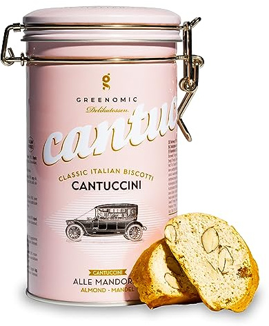Greenomic - Cantuccini italiens avec des amandes - 180g - emballés dans une boîte cadeau décorative - biscuits italiens originaux pour accompagner le café ou le thé