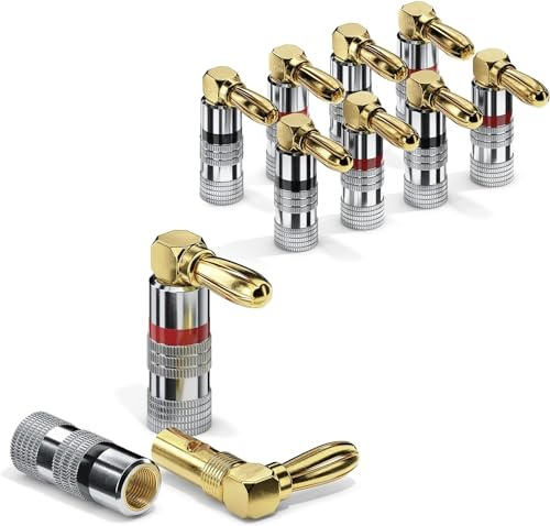 ETEC Bananenstecker, passend für Lautsprecherkabel bis 6mm² Querschnitt, 90° gewinkelt mit Farbcodierung (4x rot, 4x schwarz), 8er-Set, 24k vergoldet