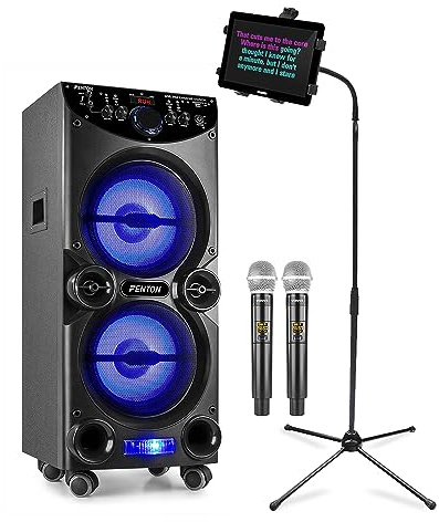 Fenton LIVE2104 Karaoke Machine with Screen Functionality, Bluetooth Speaker System, Wireless UHF Microphones & Adjustable Tablet Stand for Home Singing, Adults Karaoke Systems Set