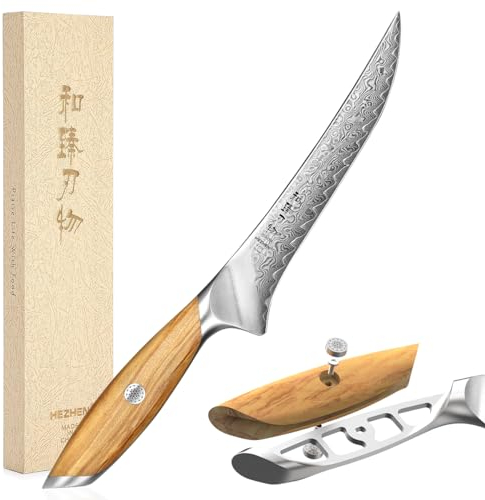 HEZHEN 73 Lagen Damaststahl Filetiermesser, Professionelles Fischmesser, Damast Ausbeinmesser, Full Tang Griff aus Olivenholz
