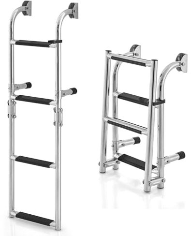 SPOTRAVEL 4 Step Folding Boat Ladder, Stainless Steel Boat Boarding Ladder with Non-Slip Steps, Floor Adaptor, Plastic Clips & Wall Support Tube, Heavy Duty Deck Ladder for Marine Yacht Swimming Pool