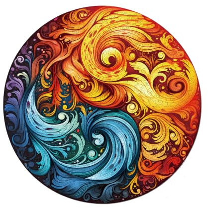 MagicHolz – Holzpuzzle Mandala Feuer und Wasser – rundes Holz Puzzle Ø 47 cm – besondere Geschenkidee für Erwachsene & Kinder – inkl.Premium Holzbox