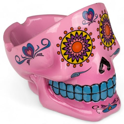 MIJOMA Sugar Skull Aschenbecher - Dekorativer Totenkopf Aschenbecher im mexikanischen Calaveras Stil - Handbemalt Polyresin Deko Souvenir für Raucher (Rosa)