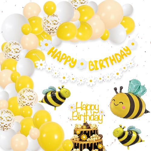 Gänseblümchen Geburtstag Deko Luftballons für Mädchen - Blumen Geburtstagsdeko Happy Birthday Girlande Bienen Ballons, Gelb Weiß Party Dekoration für Babyparty und Kindergeburtstag