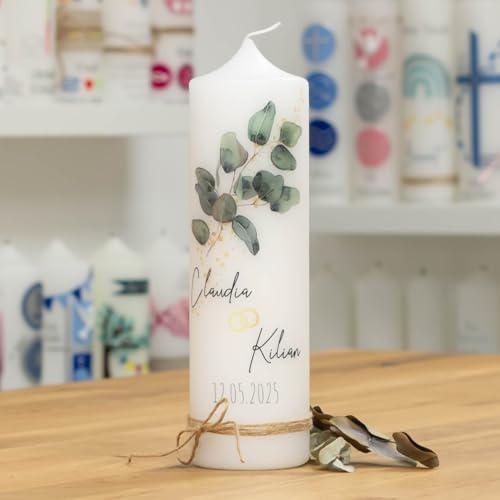 meinkerzenshop® Hochzeitskerze mit Designdruck FILZMOOS personalisiert mit Namen und Datum, individuell