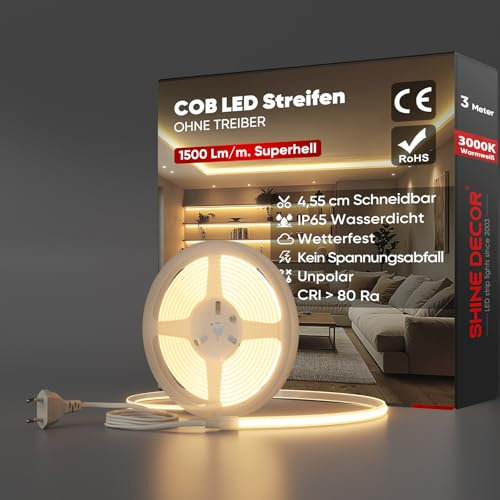 Shine Decor Bande lumineuse LED COB 230V, Ruban LED étanche IP65, 286 leds/m Ultra Haute Luminosité Bande LED Certifié CE pour Décoration Maison Cuisine Jardin Eclairage LED (Blanc Chaud,3m)