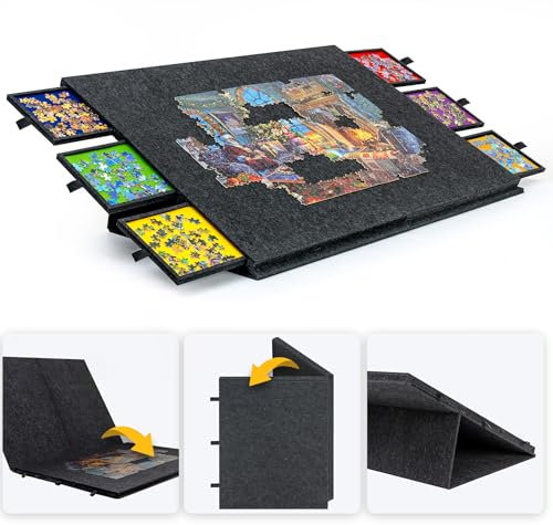 Lavievert 2000 Teile neigbarer und faltbarer Puzzletisch mit 2-in-1-Ständer und Abdeckung, leichtes Filz-Puzzle-Plateau mit 6 farbigen Schubladen, tragbares Puzzlebrett für Erwachsene, Dunkelgrau