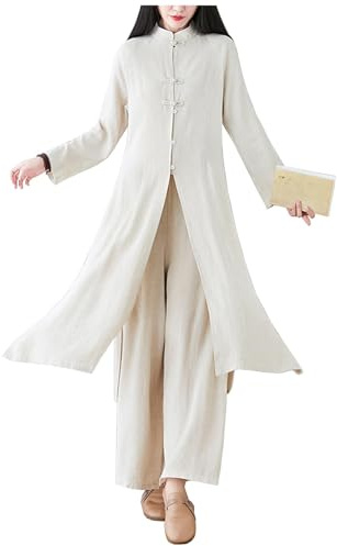 DAYKET Traje de Tai Chi para Mujer, Uniforme de Meditación Zen Tradicional Chino, de Algodón y Lino, de Manga Larga, para Kung Fu y Artes Marciales, Qigong.,Beige-XXL