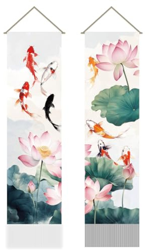 AHANDMAKER Confezione da 2 arazzi cinesi con pittura a inchiostro, carpa, loto e foglia di loto, tenda verticale giapponese da appendere alla parete, per camera da letto, soggiorno, casa, 33 x 130 cm