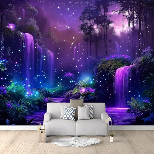 Fototapete Fantasiewald Wasserfall Lila 200x140 cm 3D Vliestapete Wandbild, Mustertapete Moderne Wandtapete, Wohnzimmer Schlafzimmer Kinderzimmer Büro Flur Wanddeko