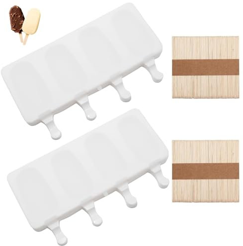 Ice Lolly Moulds 2 Pack with 100 Sticks - Reusable Silicone Popsicle Mould & Cakesicle Mould for Homemade Ice Lollies & Ice Creams, 4 Cavities Per Mold