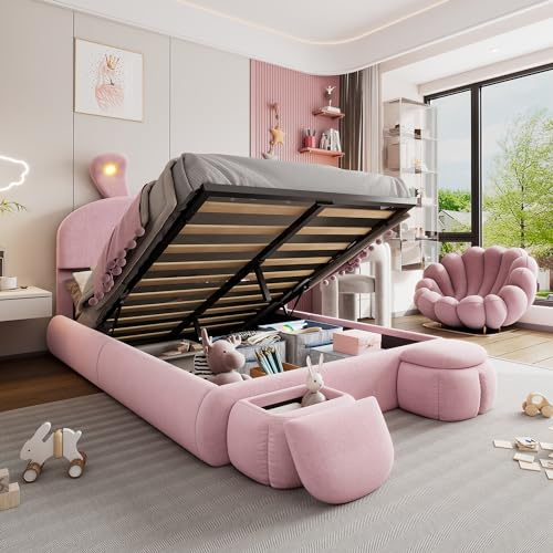 RIAZOS Kinderbett 140x200 cm Polsterbett mit LED & Aufbewahrungsbank, Samtstoff, Hasen-Form, Bettgestell Mädchenbett Hydraulisches Doppelbett Jugendbett, ohne Matratze, Rosa