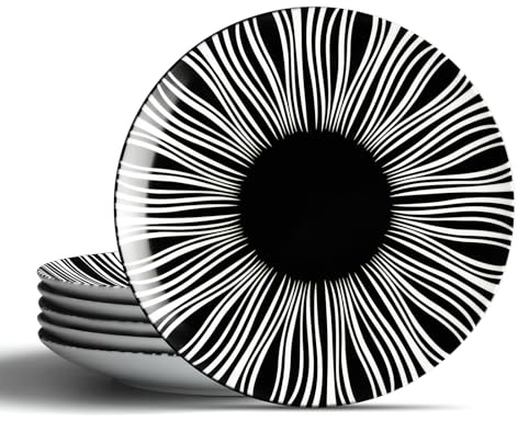 Ceramic Dinner Plates Set of 6-6 Inch Appetizer Plates, Black and White Porcelain Dinner Plates Microwave, Oven & Dishwasher Safe, Minimalist Porcelain Dish Set