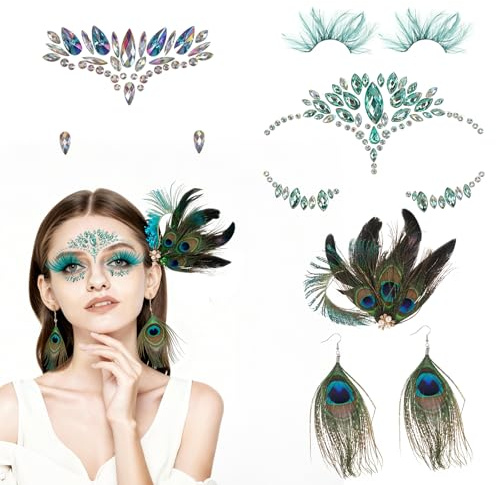 4 Stück Pfau Kostüm Accessoires Damen, Pfauenfeder Haarspangen ,Feder Ohrringe, Falsche Wimpern, Glitzersteine Gesicht, Prachtvolles Haarschmuck & Kopfschmuck für Karneval, Rave Outfit, Feiern