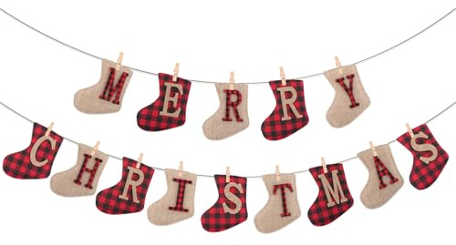 ZXTGBQ 14 Stück Merry Christmas Girlande, Frohe Weihnachten Wimpel Rustikal Wimpelkette Jute, Weihnachtsbanner mit Sockenmuster, Merry Christmas Banner, Banner Weihnachten