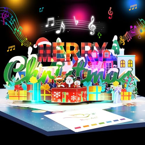 3D Pop Up Weihnachtskarte mit Musik und LED-Lichtern - Musikalische Frohe Weihnachten Dorf Grußkarte mit Umschlag - Weihnachtskarte für Familie, Freunde, Kinder, Großeltern