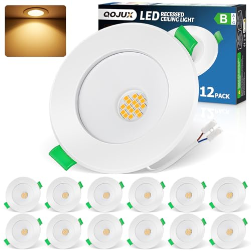 QOJUX LED Einbaustrahler 230V Energieklasse B, 5W 800LM Warmweiß LED Spots | 68-80mm Lochmaß Spots Deckenleuchte, Ultra Flach IP44 Deckenspots für Badezimmer, Küche Wohnzimmer, Nicht Dimmbar, 12 Stück