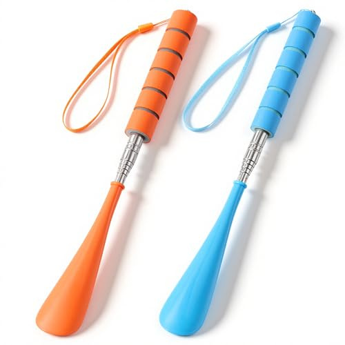 TIESOME 2 Pcs Shoe Horn Long Handled, Telescopic 12-28 Inch Metal Long Handled Shoe Horns, Portable Adjustable Length Boot Horn for Men Women, Lightweight Ergonomic Handle (Blue & Orange)