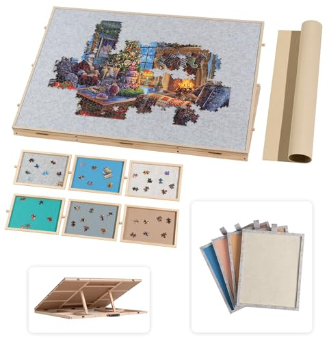 Lavievert 1500 Piece Tilting Puzzle Board with 6 Colored Drawers & 4 Felt Trays, Adjustable Wooden Puzzle Plateau with Built-in Easel/Stand, Portable Jigsaw Table with Cover & Handle for Adults