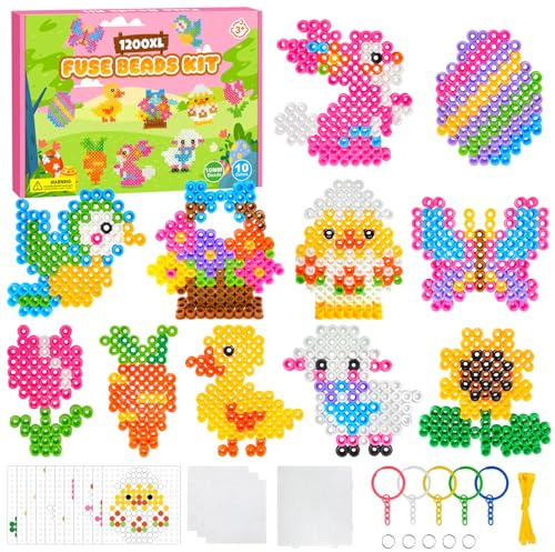 Vexyra Perline da Stirare Kit Completo 10mm, 1200 PCS Pasqua Perline a Fusione XL 10 Colori con Base per Fuse Beads e Accessori, Artigianali Fai Set Gioco Creativo Natalizio Fai da Te per Bambini