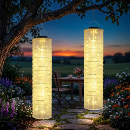 iShabao Solar Lampions Außen Wetterfest, 2 Stück 96cm 88 LED Solarlampen für Außen Hängend, Nylon Solarlaterne Warmweiß Solar Lichterkette Laternen für Draußen Garten Balkon Terrassen Party Deko