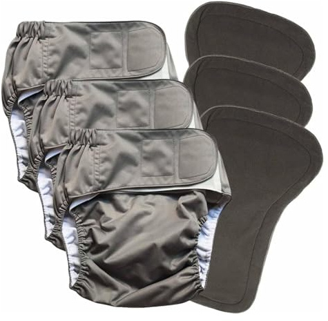 3 Pack Cloth Adult Diapers with Oversized Inserts, TPU Nappies Reusable Washable Incontinence Care Protection Diaper for Men or Women, Elderly, Waist 35.4-47.2In (L)(Grey,M(23.6-35.4 Inch))
