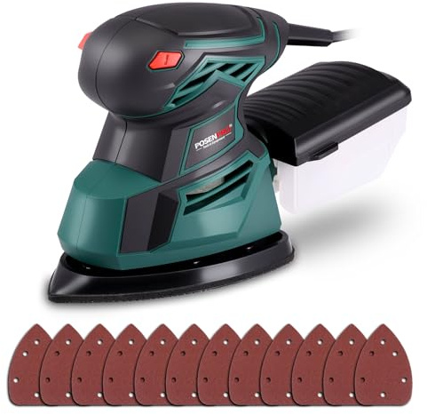 POSENPRO Detail Sander 130W, 13,500 RPM Electric Sander Mouse Sander | Corded Palm Sanders with Micro-Filter Dust Box, 12PCS Extra Sanderpapers for Wood, Plastic, Metal