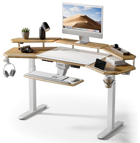 EUREKA ERGONOMIC Gaming Desk, w Keyboard Tray, 73 Wing Shaped Music Studio Table with LED Shelves, Gaming Recording Live Stream, Slot Design