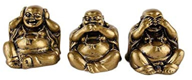 lachineuse – Box mit 3 lachenden Weisheitsbuddhas – kleine goldene Buddha-Statuetten – Feng Shui-Dekorationsobjekte – chinesische Atmosphäre im Home Office – Geschenkidee China Asien Viel Glück