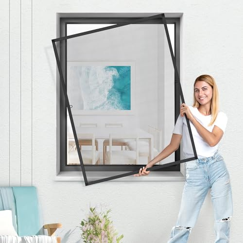 jarolift Fliegengitter für Fenster SlimLine Insektenschutz ohne Bohren, mit Alurahmen Spannrahmen, Mückenschutz Mückengitter, 80 x 150 cm, Anthrazit