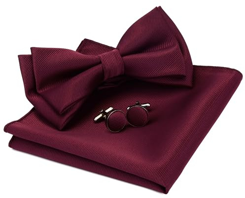 Burgundy Bow Tie Pre-tied Adjustable Wine Red Bow Ties and Pocket Square Cufflink Sets (0577-06)