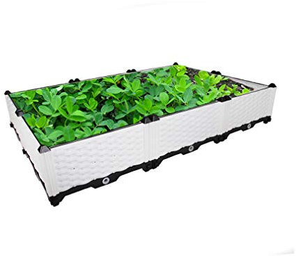 Hershii Hochbeete-Kit DIY Garten wachsen Bett Rechteckige Pflanzenbehälter Kits Gemüse Kräuter Blumen Großer Pflanzkasten für Balkon Drinnen Draußen, Kunststoff Polyrattan Geflecht Weiß 117 x77x22 cm