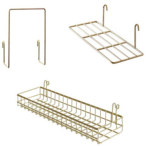 FRIADE Gold Grid Basket with Hooks,Bookshelf,Display Shelf for Wall Grid Panel,Wall Mount Organizer and Storage Shelf Rack for Home Supplies,1 Set of 3 (Gold)