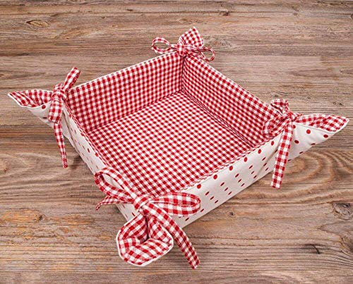 Cesta de pan de tela LISE 20 x 20 cm – Cesta cuadrada para panecillos en rojo a cuadros con puntos – sostenible de 100% algodón, lavable a 30°, estilo rústico para pan, bollos, pasteles o decoración