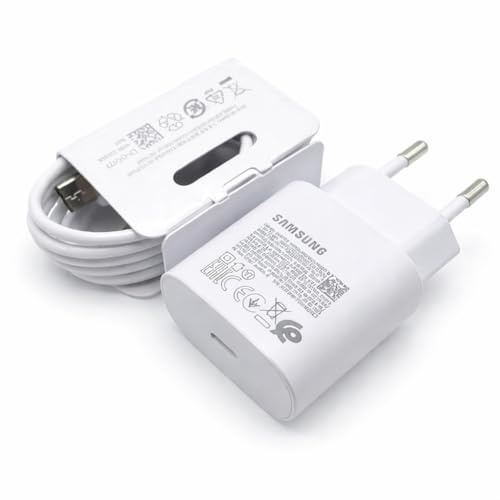 Chargeur Original EP-TA800 25W Rapide Charge + Câble EP-DG977 pour Note 10, S10, S10+, S10e, S9, S9+, A8, Note 8, Note 9, A20/e, A50, A505F/DS (Chargeur + Câble Type C, Blanc)