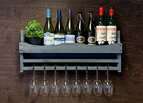 ADD A PERSONALISED MESSAGE OR SLOGAN!! - Laser Engraved Slate Grey Wooden Wine Bottle Holder and 8 Glass Wall Mounted Display (8GR)(EM)
