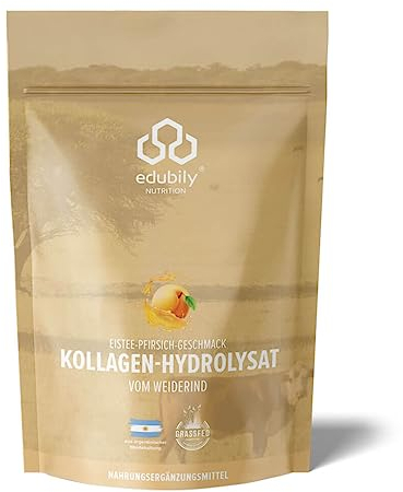edubily nutrition® Kollagen Pulver (750 g) • Zertifizierte Weidehaltung • Premium Collagen Hydrolysat mit Co-Faktoren zur Gelenkgesundheit & kräftiges Bindegewebe • Klettbeutel (Eistee-Pfirsich)