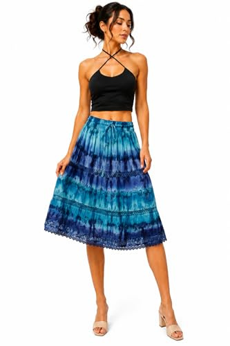 Doorwaytofashion Tie Dye Cotton Skirt Knee Length Lined Beach Festival Summer One Size 8 10,12,14,16