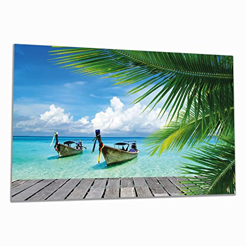 Wallario Herdabdeckplatte/Spritzschutz aus Glas, 1-teilig, 80x52cm, für Ceran- und Induktionsherde, Sonnenboot in der Karibik