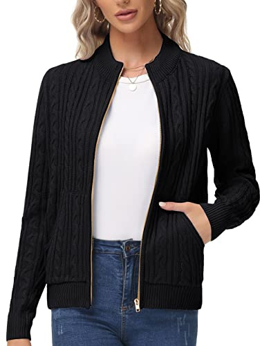KANCY KOLE Womens Black Zip Up Sweater Jacket, Winter Chunky Cable Knit Cardigan Sweaters, Early Fall Fashion Outfits 2025 L