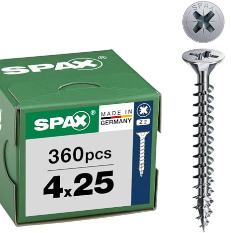 SPAX Universalschraube 4 x 25 mm, 360 St., Senkkopf Z2, Teilgewinde, WIROX | Kreuzschlitz Holzbauschrauben mit 4CUT Spitze für Innen und geschützte Außenbereiche, bündiges Versenken ohne Vorbohren